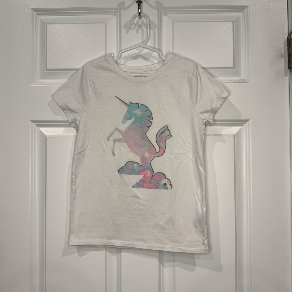 Cat & Jack Girls White Unicorn Graphic‎ Tee Shirt Size M 7/8 Glitter Tie Dye